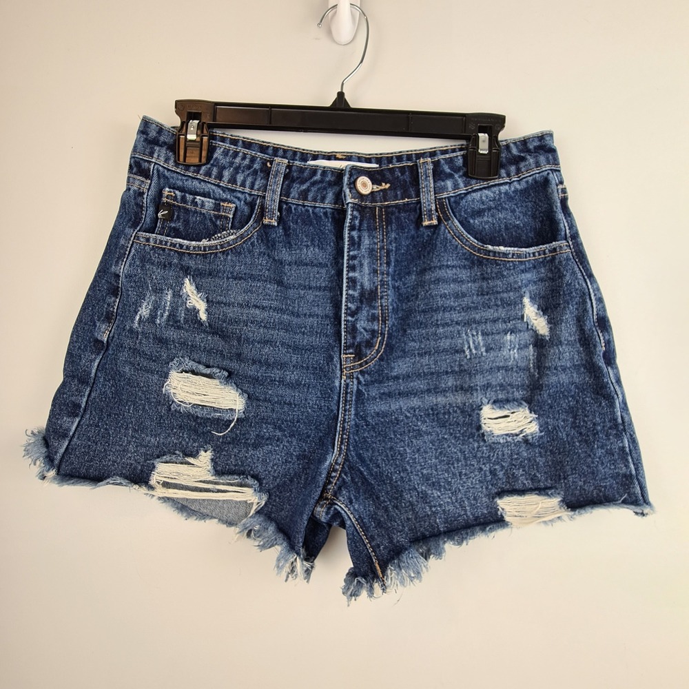 KanCan Womens High Rise Distressed Denim Shorts Blue Dark Wash Size 28 Boho